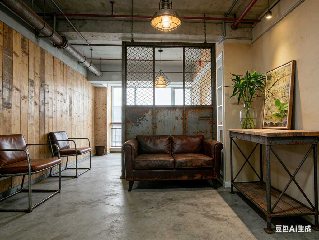 工业风办公室装修软装设计太绝了!复古皮沙发+裸露管线，高级感直接拉满✨